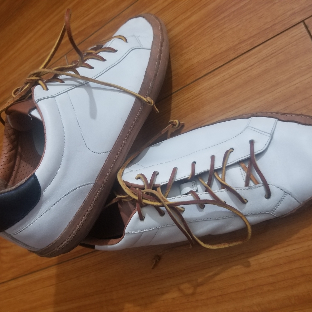 White and Brown Low-Top Sneakers with Suede Accents